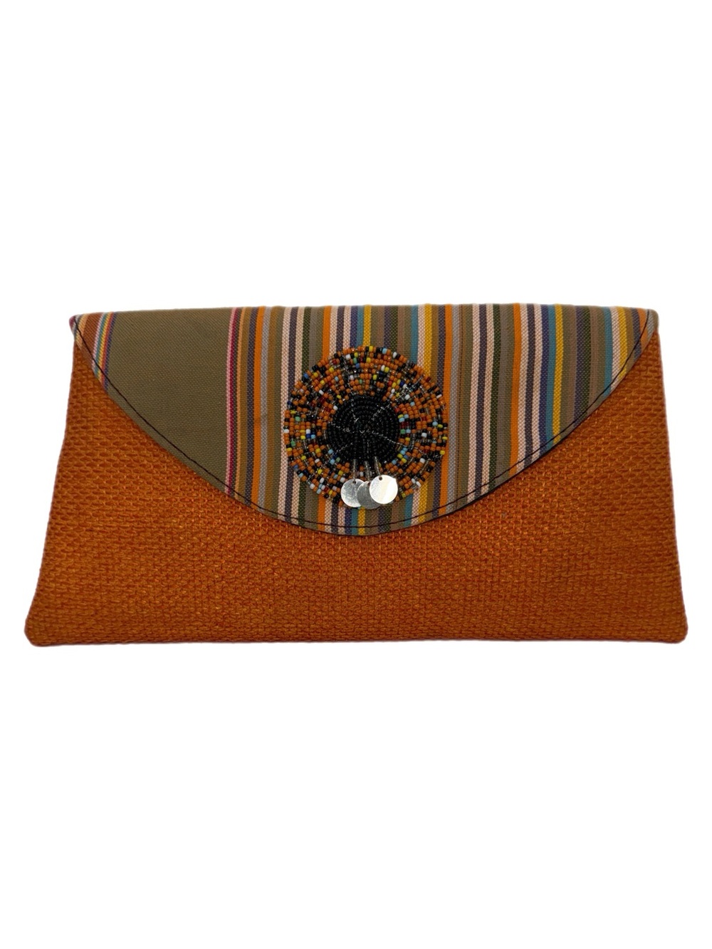 Artisan Woven Orange Clutch with Multicolor Stripe Flap &‎ Beaded Medallion